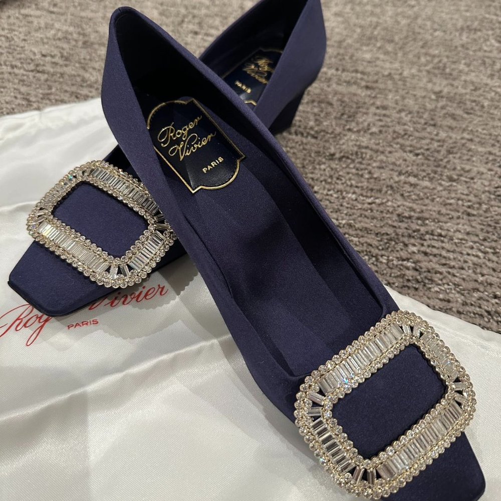 Belle Vivier Pilgrim Buckle Pumps in Satin-Navy color